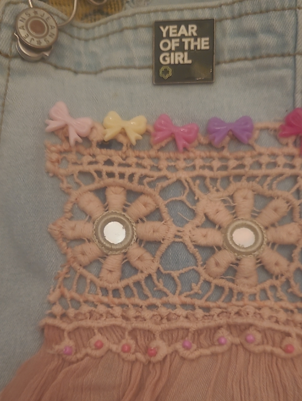 Light Wash Embroidered Women’s Denim Overalls with Pink Trim - Picture 8 of 12